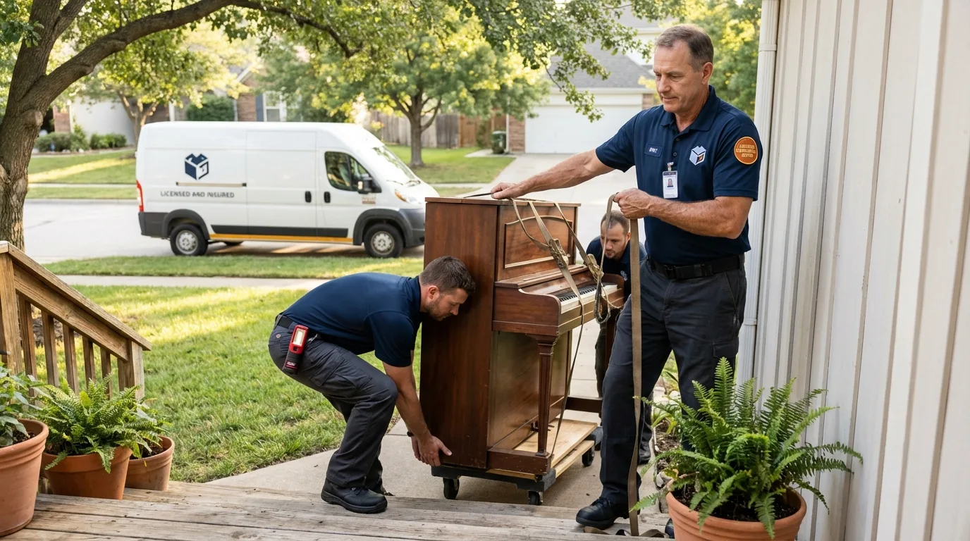 Licensed piano movers securing grand piano in Sandy, OR