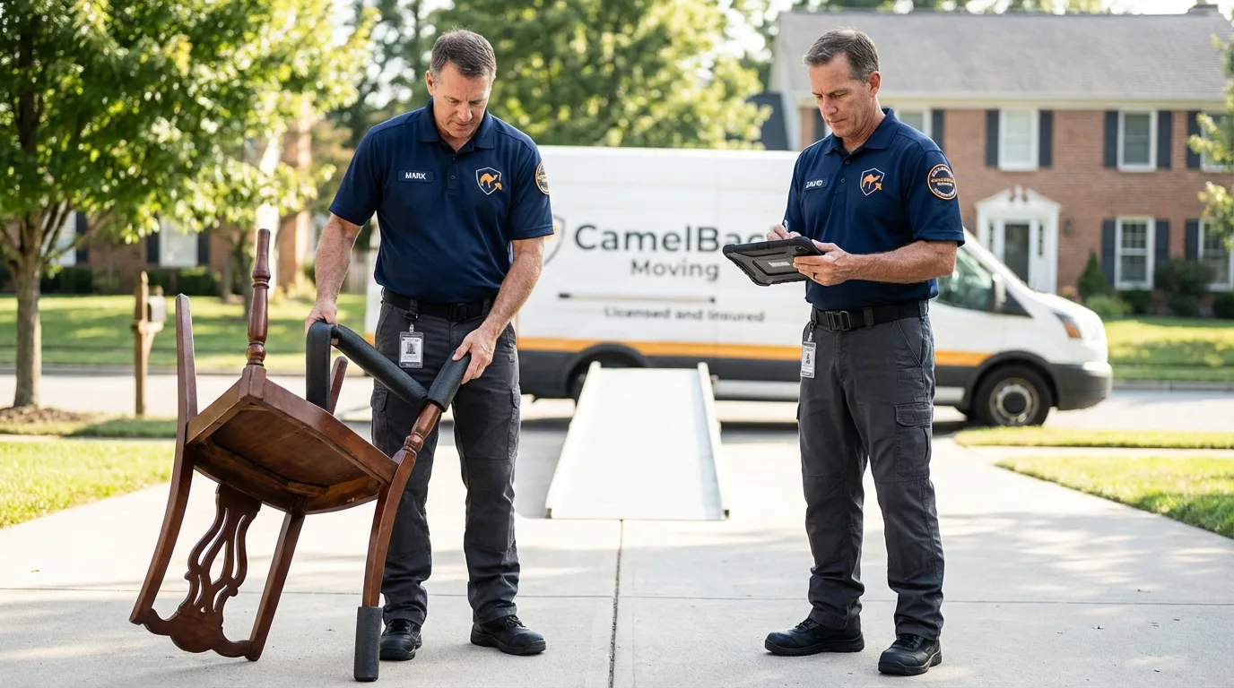 Movers inspecting furniture for damage prevention before loading in Sandy, OR