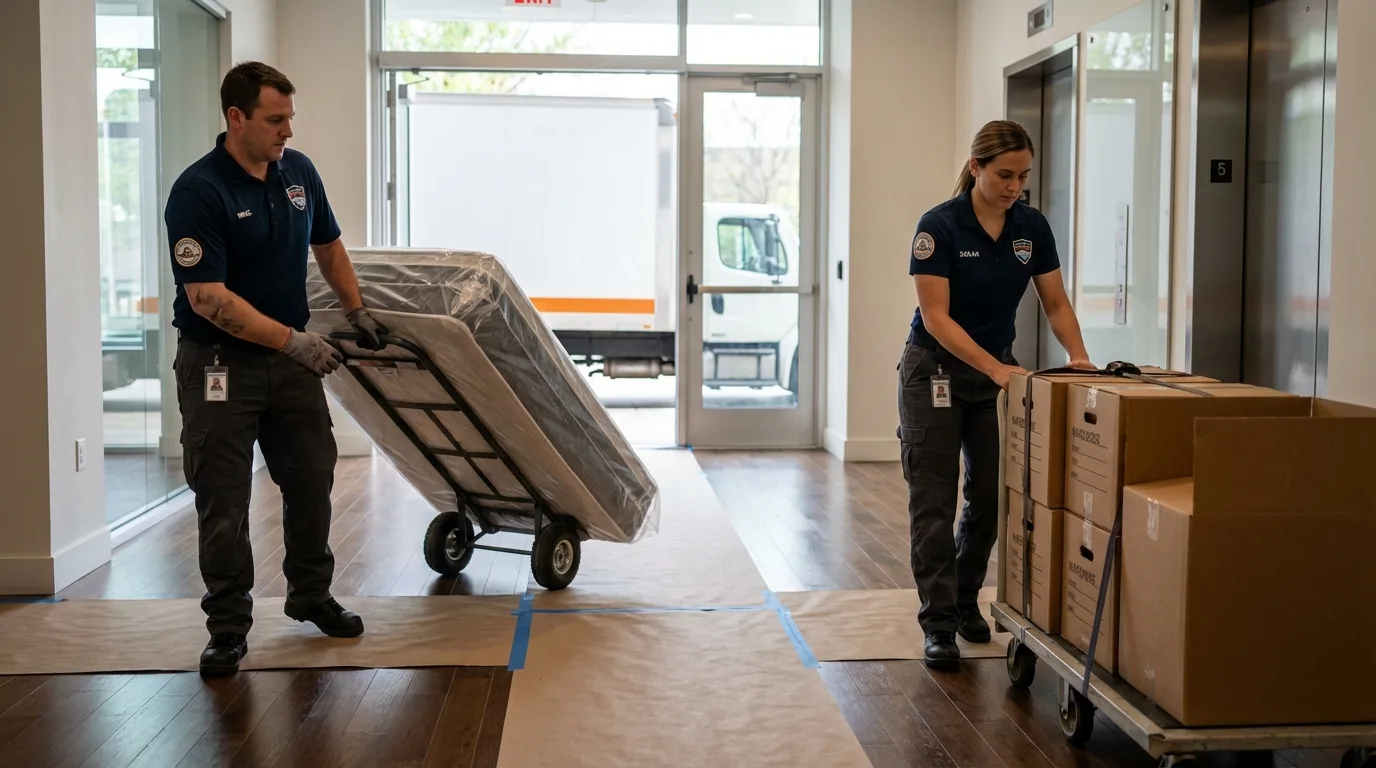 Professional apartment movers loading elevator in Sandy, OR